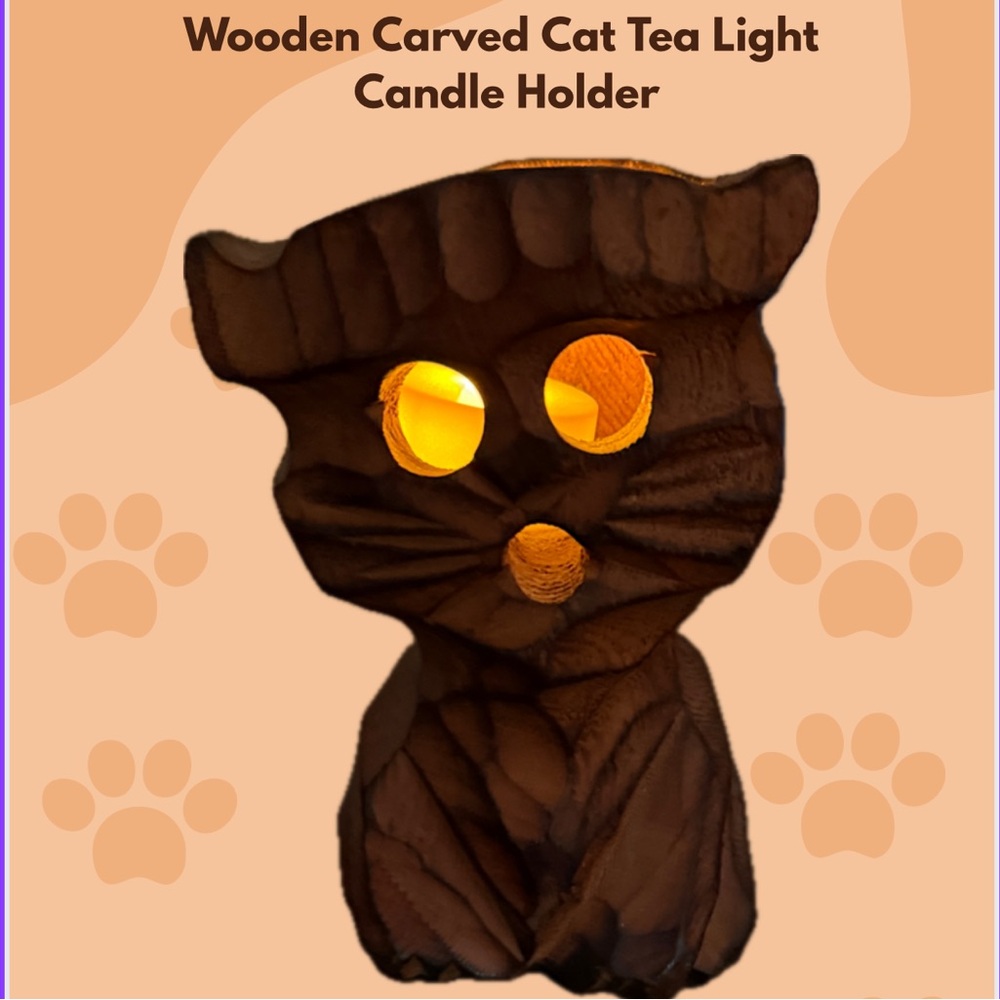 MCM Kitty Kitty Hand Carved Wood Cat Tealight Holder